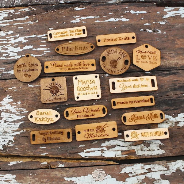 50 Pcs Custom Wood Tags, Wooden Labels, Knitting Labels, Name Tags, Wooden Buttons, Wood Gift Tags, Crochet Label, Laser Engraved