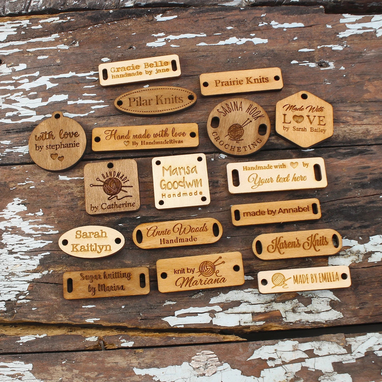 50 Pcs Custom Wood Tags, Wooden Labels, Knitting Labels, Name Tags, Wooden Buttons, Wood Gift Tags, Crochet Label, Laser Engraved