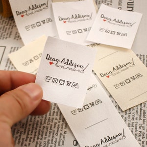 40 * 50mm cotone con logo o testo cucito accessori etichetta, etichette di abbigliamento personalizzate, etichette per articoli fatti a mano, etichette di abbigliamento, cucire in etichette