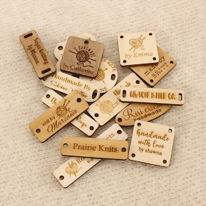 50 Pcs Custom Wood Tags, Wooden Labels, Knitting Labels, Name Tags, Wooden Buttons, Wood Gift Tags, Crochet Label, Laser Engraved