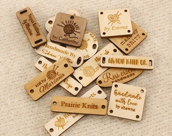 50 Pcs Custom Wood Tags, Wooden Labels, Knitting Labels, Name Tags, Wooden Buttons, Wood Gift Tags, Crochet Label, Laser Engraved