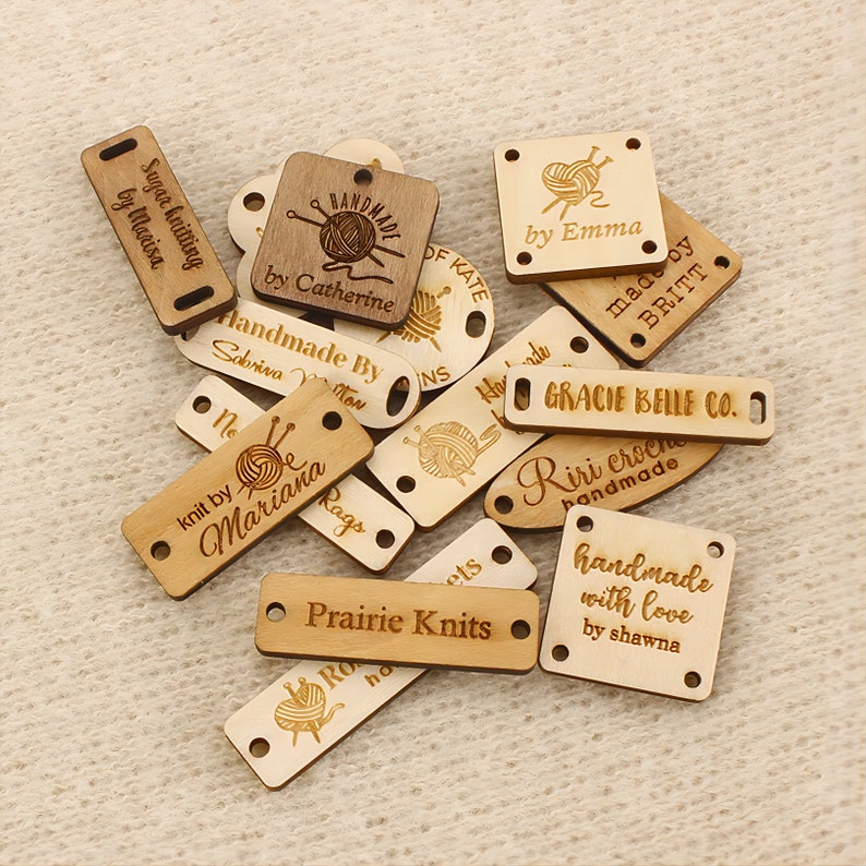50 Pcs Custom Wood Tags, Wooden Labels, Knitting Labels, Name Tags, Wooden Buttons, Wood Gift Tags, Crochet Label, Laser Engraved image 1