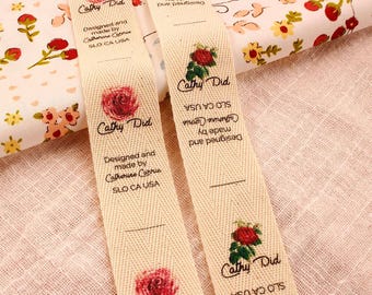 25 x 70 mm, katoenen keperstof, platte of gevouwen labels, bedrukte ingenaaide stof, aangepaste personalisatie, naai-, brei- of haaklabels
