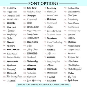 May include: A chart of 80 different font options for personalization. Each font is labeled with a number and a name. The font names are written in the corresponding font style.