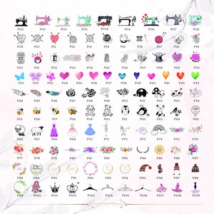 May include: A set of 109 colorful digital clipart images featuring sewing machines, hearts, butterflies, flowers, animals, and other designs. The images are perfect for crafting, scrapbooking, and other creative projects.