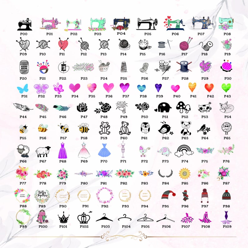 May include: A set of 109 colorful digital clipart images featuring sewing machines, hearts, butterflies, flowers, animals, and other designs. The images are perfect for crafting, scrapbooking, and other creative projects.