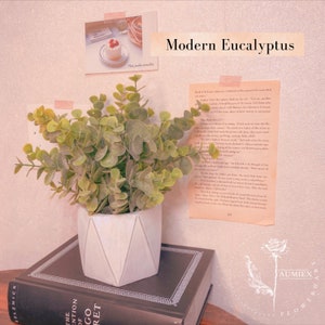 May include: A small potted plant with green leaves in a white geometric planter. The plant is sitting on top of a black book with the text "The Invention of Hugo Cabret" on the spine. The background is a light pink wall with the text "Modern Eucalyptus" in black.