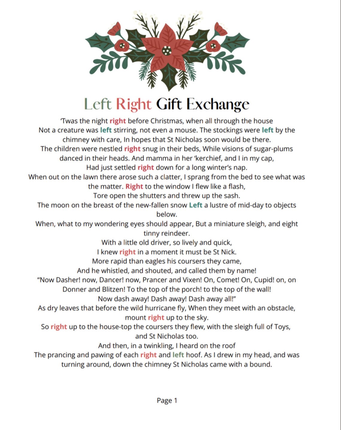 Left Right Christmas Games, Gift Exchange Poem, Right Left Game, Pass