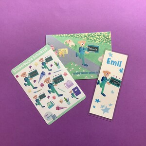 Set personalisierte Karte + Lesezeichen + Stickerbogen für Schulanfänger/Einschulung