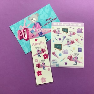 Set personalisierte Karte + Lesezeichen + Stickerbogen für Schulanfänger/Einschulung/Mädchen
