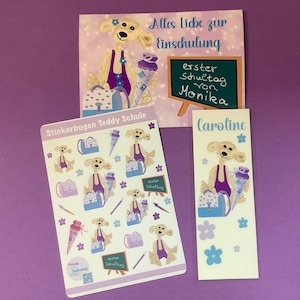 Set personalisierte Karte + Lesezeichen + Stickerbogen für Schulanfänger/Einschulung/Mädchen