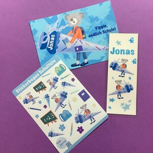 Set personalisierte Karte + Lesezeichen + Stickerbogen für Schulanfänger/Einschulung/Jungen