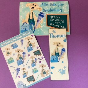 Set personalisierte Karte + Lesezeichen + Stickerbogen für Schulanfänger/Einschulung/Jungen