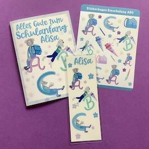 Set personalisierte Karte + Lesezeichen + Stickerbogen für Schulanfänger/Einschulung