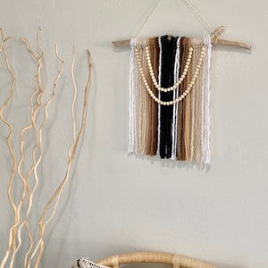 Boho Neutral Driftwood and Fiber Wall Hanging with Wood Bead Detail