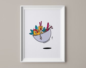 Funny colorful minimalist chicken soup poster for the kitchen. Digital download. A3, A4 poster, A6 postcard