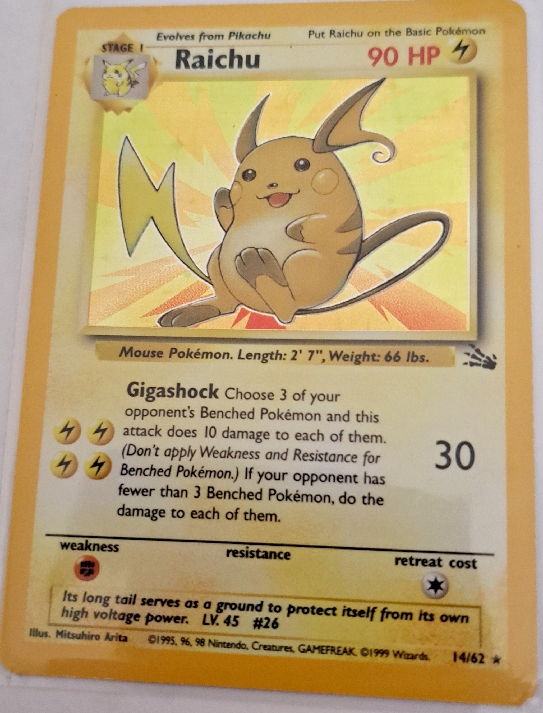 raichu pokemon card value 14/62 Pokmon Holofoil - Fossil (Dont apply Weakness and Resistance for Benched Pokmon.) If your opponent has fewer than 3 Benched Pokmon Raichu 1999 Fossil #29/62 1st