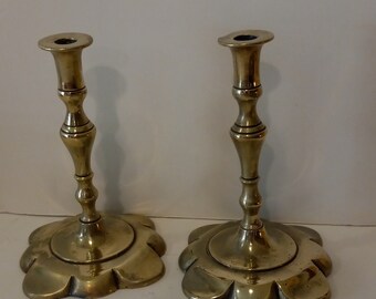 Vintage Small Brass Candlesticks With Petal Base 