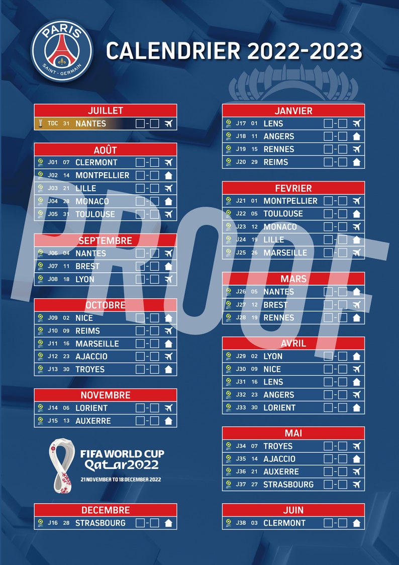 Calendrier PSG 20222023 Ligue 1 PDF Editable Etsy Canada