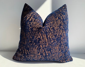 Navy Blue and Rust Animal  Textured Chenille Pillowcase, Navy Blue Zebra Flat Cover, Euro Sham Decorative Pillowcase, 24x24