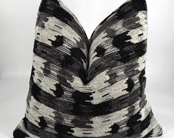 Black and Grey Ikat Velvet Pillow Cover, Modern Tribal Cushion Case, Kilim Style Sofa Pillow Cover, 20x20 Pillow, Brush Stroke Pillowcase