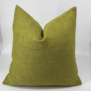 Green Herringbone Pillow Cover, Textured Woven Cotton Linen Cushion, Handmade