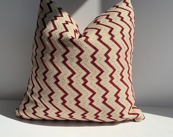 Beige Red Zigzag Linen Pillowcase, Red Geometric Pattern Pillowcase, Decorative Linen Throw Pillows, 26x26