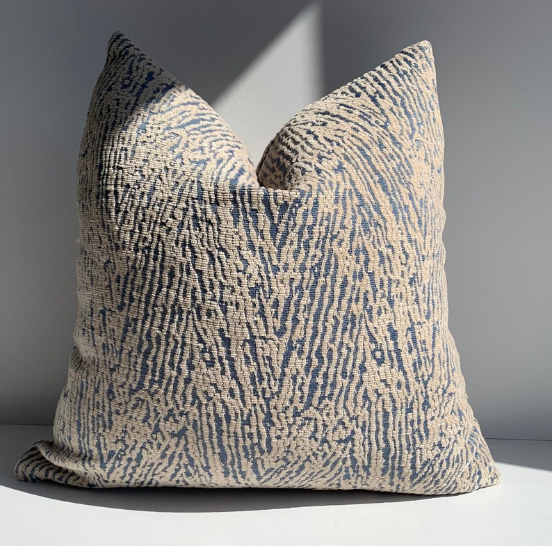 Schumacher Pillowcase, Beige & Blue Textured Pillow Cover, Blue Zebra Pillowcase, Euro Sham Decorative Pillowcase, 26x26, Chenille Pillow image 3