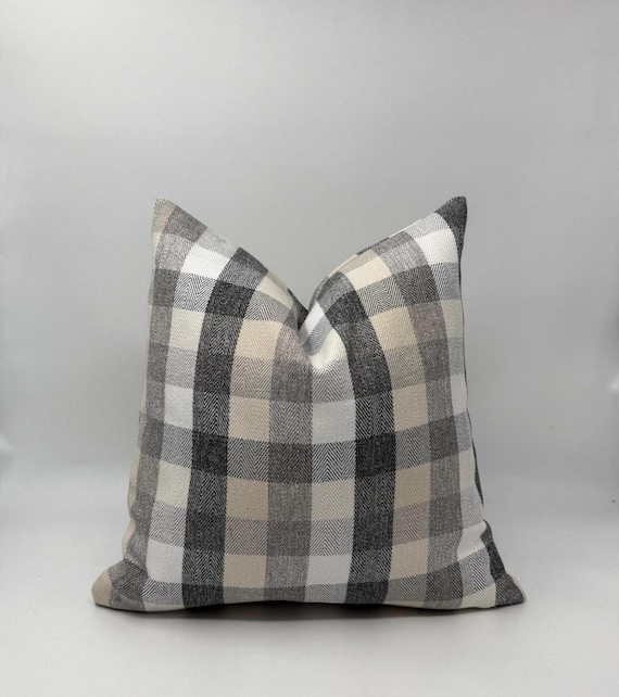 Beige Black Plaid Throw Pillow Cover, Farmhouse Cushion