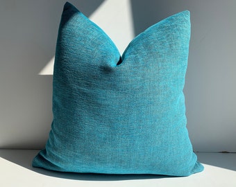 Linen Turquoise Soft Pillow Cover, Euro Sham Throw Pillow Cover, Set Of Pillows, Textured Turquoise Pillows