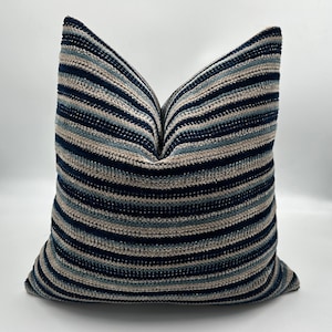 Beige and Navy Blue Striped Textured Pillow Cover, Beige and Navy Pillowcase, Decorative Pillowcase, Navy Blue Throw Pillow, Halloween Gift