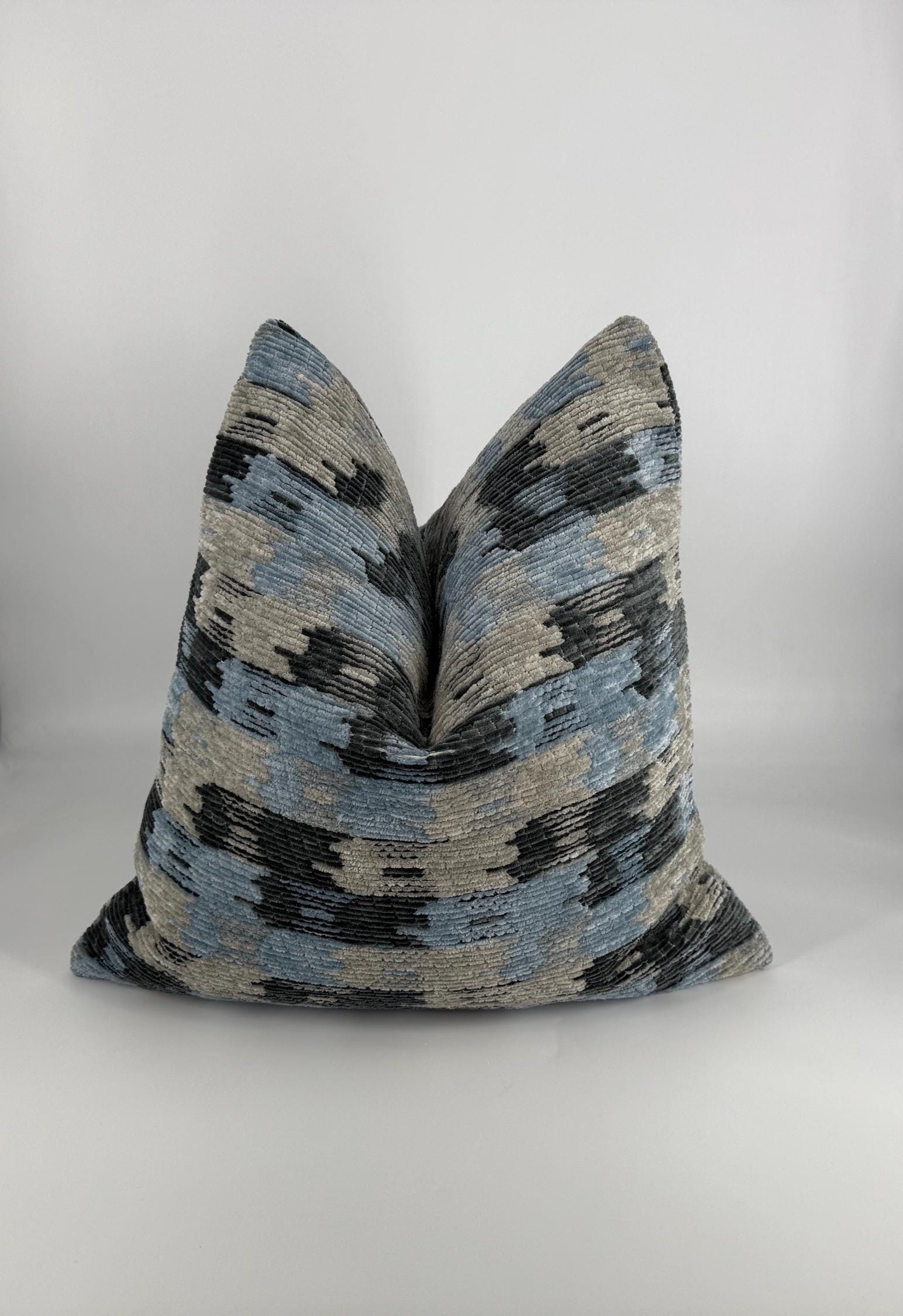 Blue and Gray Ikat Velvet Decorative Throw Pillow Cover, Modern Accent Pillow for Couch or Bed, 18x18 Boho Home Decor Cushion