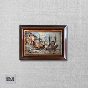 Pintura al óleo ORIGINAL sobre cartón incluye marco | Barcos de pesca en el puerto | Firmado: N. JONES