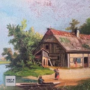 Pintura al óleo ORIGINAL sobre cartón incluye marco | Paisaje/Casa de campo/Familia | Firmado: J. Benning