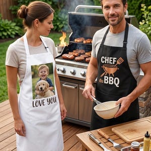 Personalized Apron with Photo or Text - High Quality Kitchen or BBQ Apron - Gift for Chef, Grandad, Restaurant - White or Black