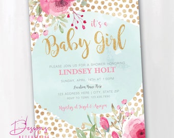 Pink Floral, Gold Polka Dots, Baby Shower, Digital Invitation, Printable, PDF, JPG, Customized, Baby Girl