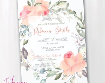 Bridal Shower Pink Floral Greenery Wreath Digital Invitation Printable PDF JPG Customized
