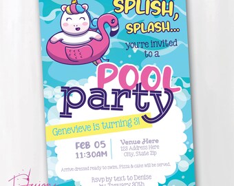 Unicorn Pool Party Birthday, Digital Invitation, Customized, PDF, JPG, Printable, Swim Party, Swimming