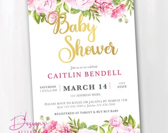 Pink Flower Gold Baby Shower Digital Invitation Printable PDF JPG Customized Baby Girl Roses