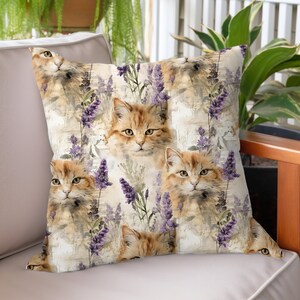 Artistic Cat Pillow: Lilac Floral Accent, Cat Lover Gift
