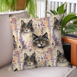Tan Cat & Lilacs Plush Pillow: Soft Velveteen Throw Pillow