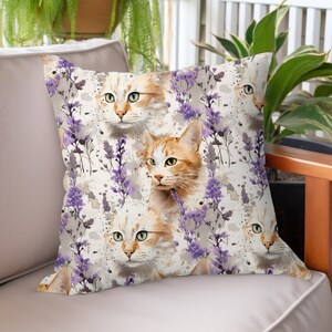 Artistic Cat & Lilac Pillow: Elegant Whimsical Design