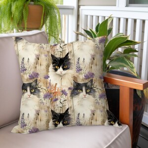 Artistic Cat Pillow: Lilacs & Whimsical Cats Design