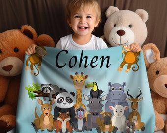 Personalized Safari Animal Baby Blanket: Custom Name Gift