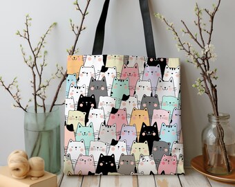 Colorful Cat Tote Bag: Kawaii Whimsical Reusable Shopping Bag