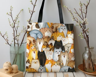 Cat Print Tote Bag, Polyester Shopping Bag, Animal Design