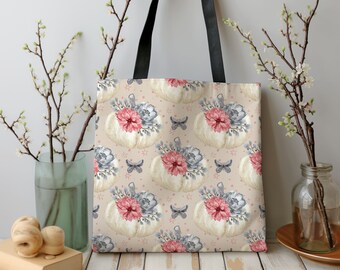 Cottagecore Halloween Tote Bag, Floral Pumpkin Design