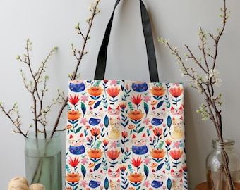 Floral Cat Tote Bag: Whimsical Reusable Shopping Carryall