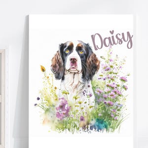 Watercolor Springer Spaniel Canvas Print: Floral Dog Portrait Art