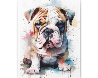 Watercolor English Bulldog Canvas Art, Whimsical Pet Portrait